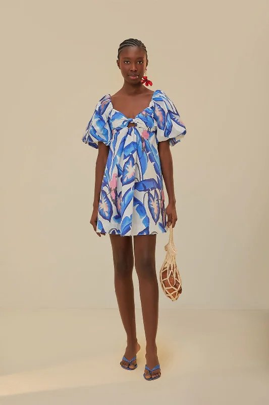 Off-White Blue Foliage Mini Dress Cozy Long Sleeve Mini Dress