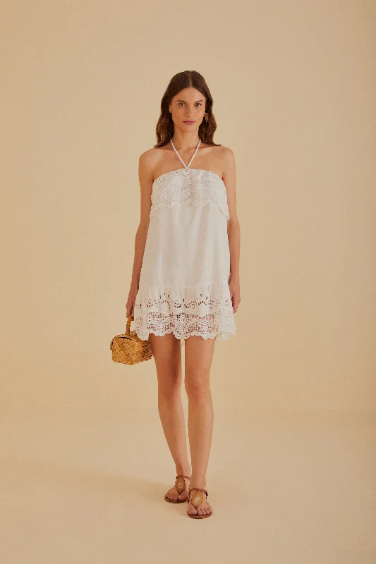 Off-White Embroidered Guipure Euroflax™ Premium Linen Mini Dress Classic Casual Mini Dress