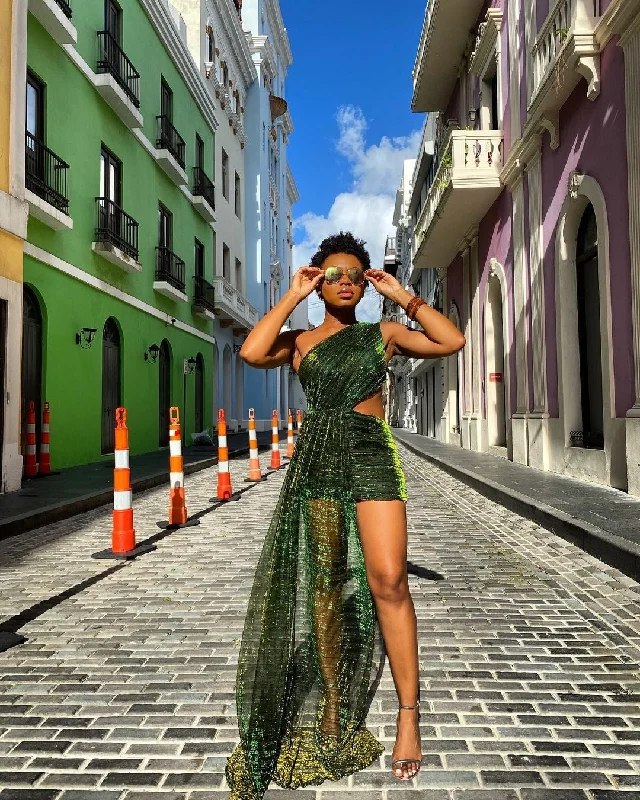 Oyemwen Forbidden Garden Green Mini Draped Cut Out Side Mini Dress Comfortable Shift Mini Dress