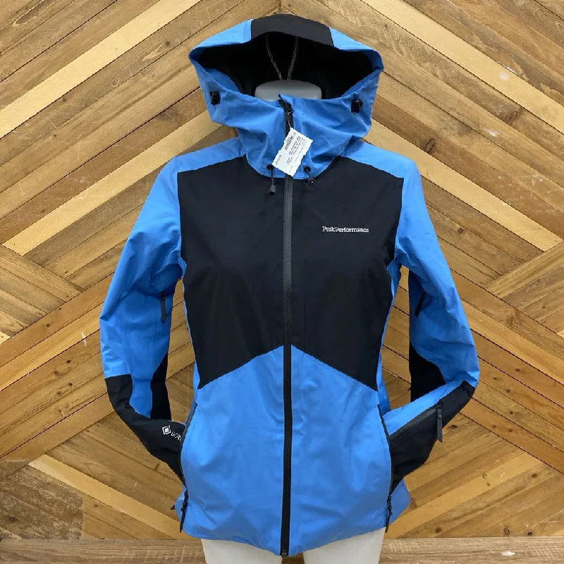 Peak Performance - Women's Gore-Tex Ski Jacket - MSRP $660: Blue/Black-women-SM Zippered Front Buttoned Front Snap Front Peak Performance - Women's Gore-Tex Ski Jacket - MSRP $660: Blue/Black-women-SM Zippered Front Buttoned Front Snap Front