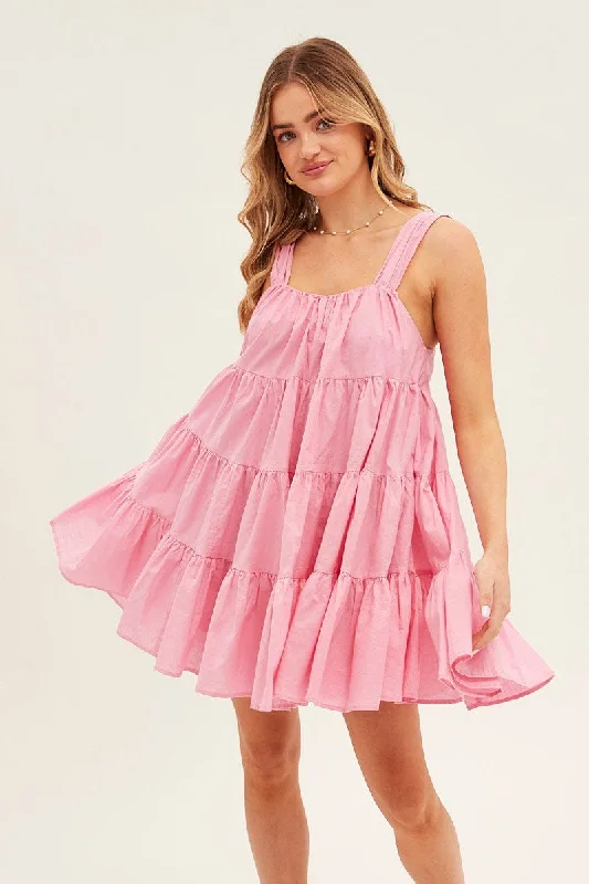 Pink Mini Dress Round Neck Tiered Smock Fashionable Lace Mini Dress
