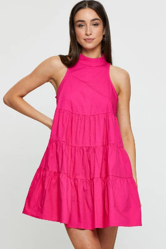 Pink Mini Dress Sleeveless High Neck Trendy Camisole Mini Dress