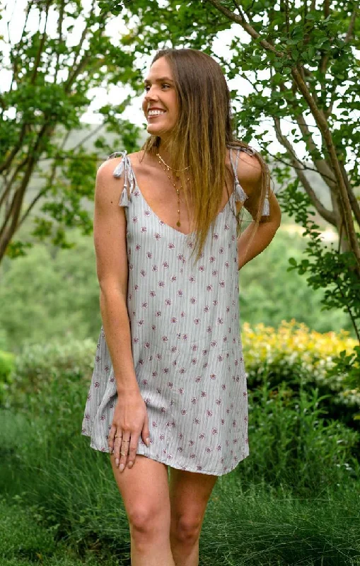 Grey Striped Floral Mini Dress Stylish Floral Print Mini Dress