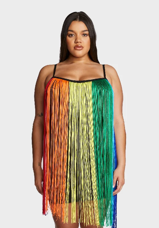 Plus Technicolor Trip Fringe Mini Dress Modern Satin Mini Dress