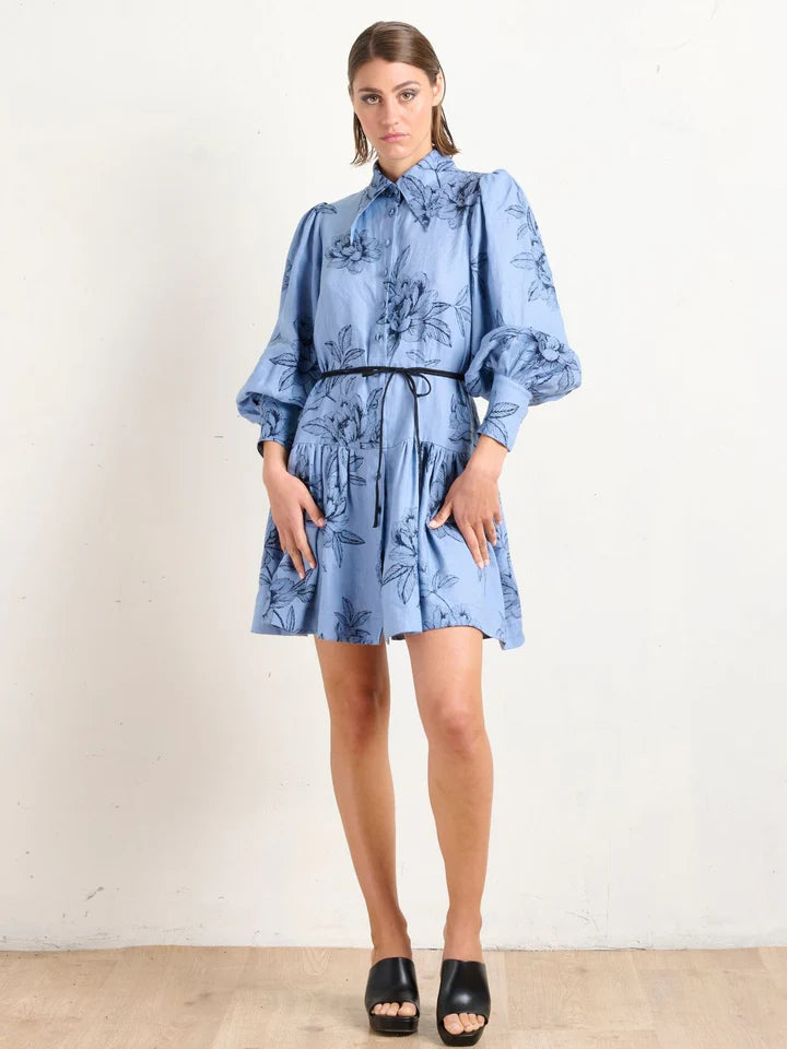 Pointed Collar Mini Dress - Peonies Blue Fashionable Mini Dress with Frills