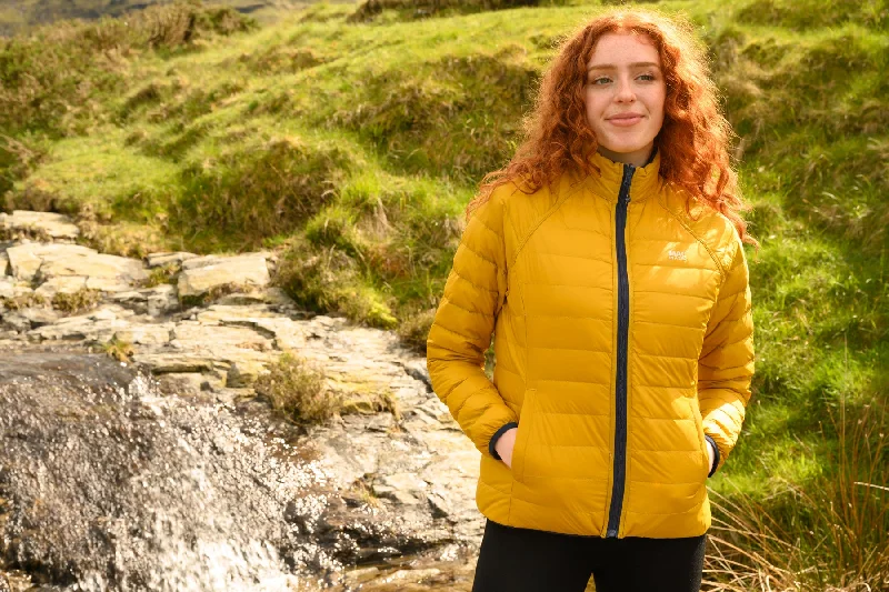 Polar - Packable Women's Down Jacket -  Navy Mustard Tiered Jacket Buttoned Jacket Zippered Jacket