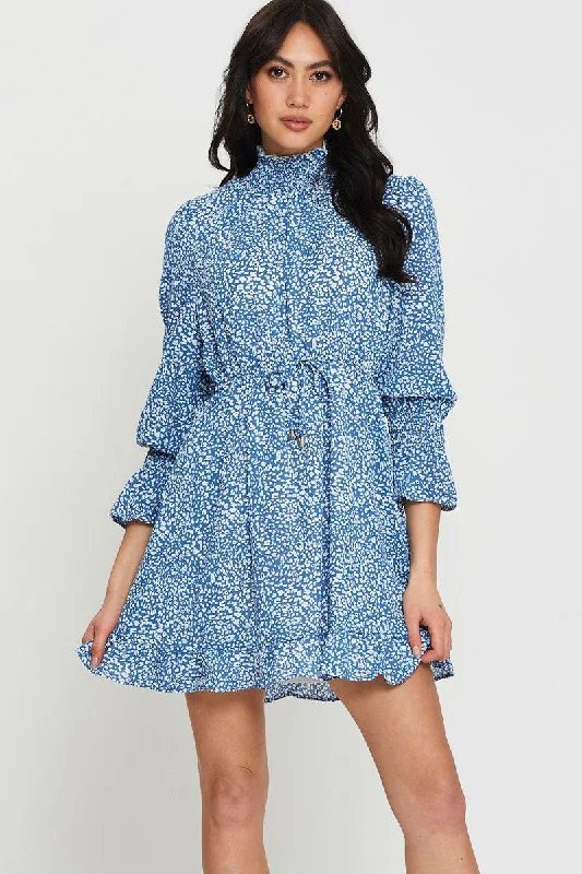 Print Mini Dress Long Sleeve Fashionable Mini Dress with Slits
