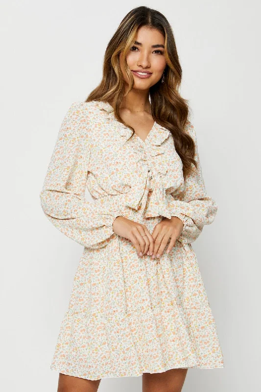 Print Mini Dress Long Sleeve Classic Floral Print Mini Dress