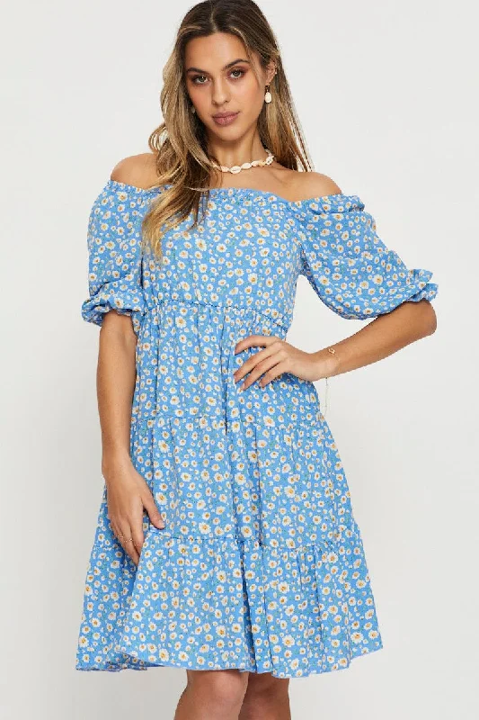 Print Mini Dress Off Shoulder Fashionable Denim Mini Dress