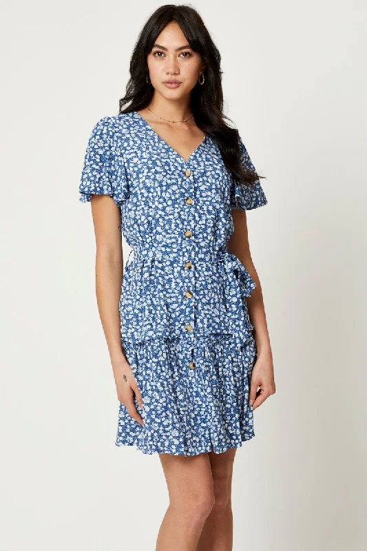 Print Mini Dress Short Sleeve Chic Puff Sleeve Mini Dress