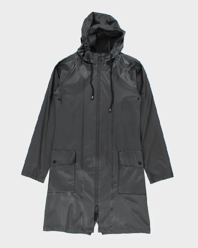 Rains Black Long Waterproof Hooded Jacket - XS Welt Pockets Slit Pockets Flap Pockets Rains Black Long Waterproof Hooded Jacket - XS Welt Pockets Slit Pockets Flap Pockets
