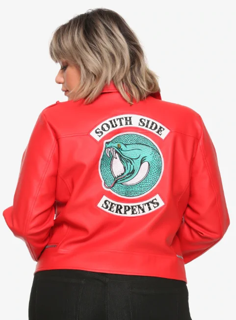 RIVERDALE CHERYL SOUTHSIDE SERPENTS FAUX LEATHER RED GIRLS JACKET PLUS SIZE HOT TOPIC EXCLUSIVE Front Pockets Side Pockets Patch Pockets RIVERDALE CHERYL SOUTHSIDE SERPENTS FAUX LEATHER RED GIRLS JACKET PLUS SIZE HOT TOPIC EXCLUSIVE Front Pockets Side Pockets Patch Pockets