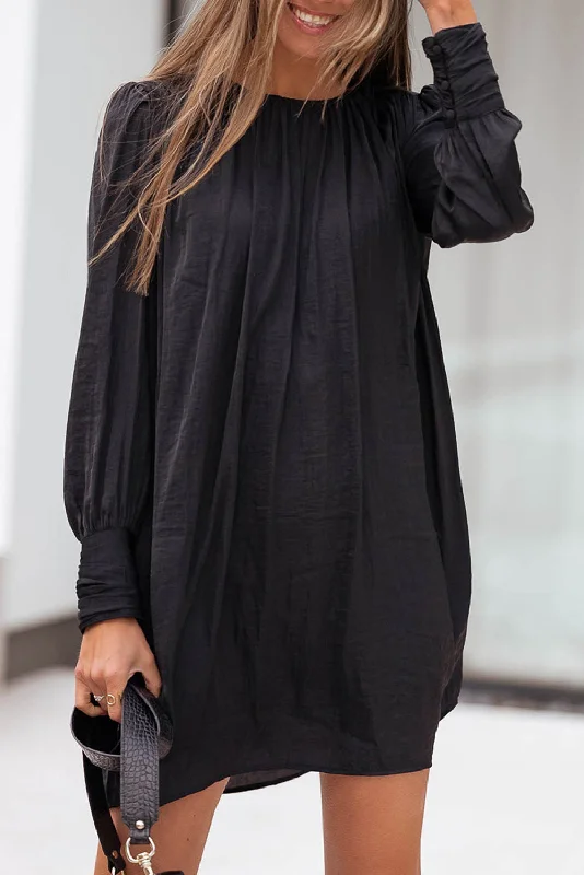 Rowan Solid Bishop Sleeve Pleated Mini Dress Classic Casual Mini Dress