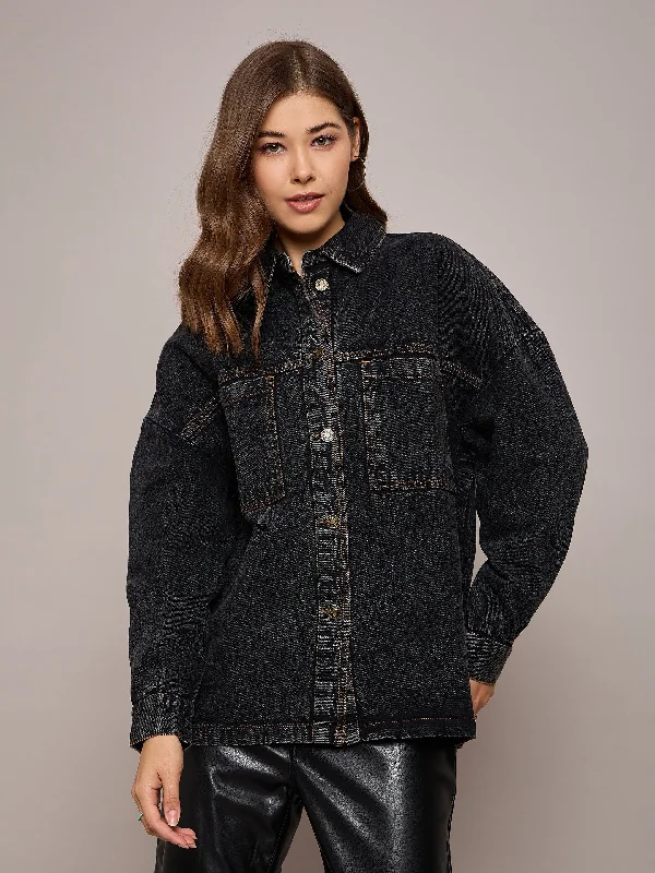 Women Black Denim Oversized Jacket Zippered Front Buttoned Front Snap Front