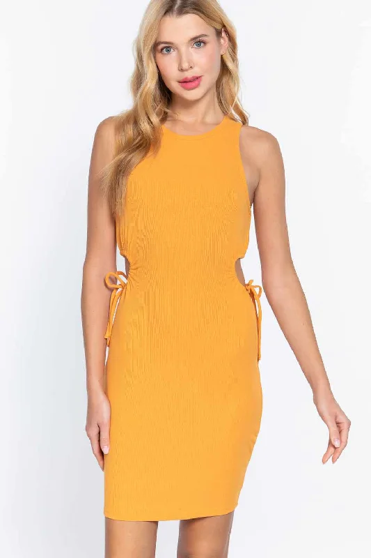 Sleeveless Round Neck Side Cut Out Detail Mini Dress Elegant Satin Mini Dress