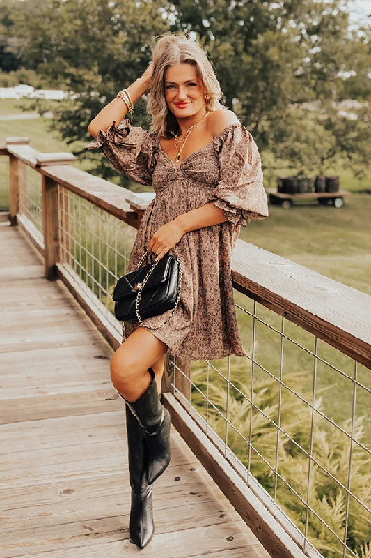 Small Town Cutie Floral Mini Dress in Mocha Cozy Cotton Mini Dress