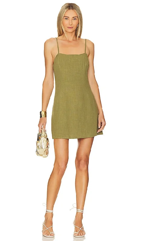 SNDYS x REVOLVE Linen Mini Dress in Olive Cozy A-Line Mini Dress