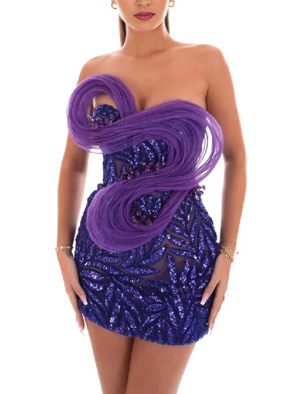 Strapless Purple Sequin Tulle and Mesh Mini Dress Comfortable Wrap Mini Dress
