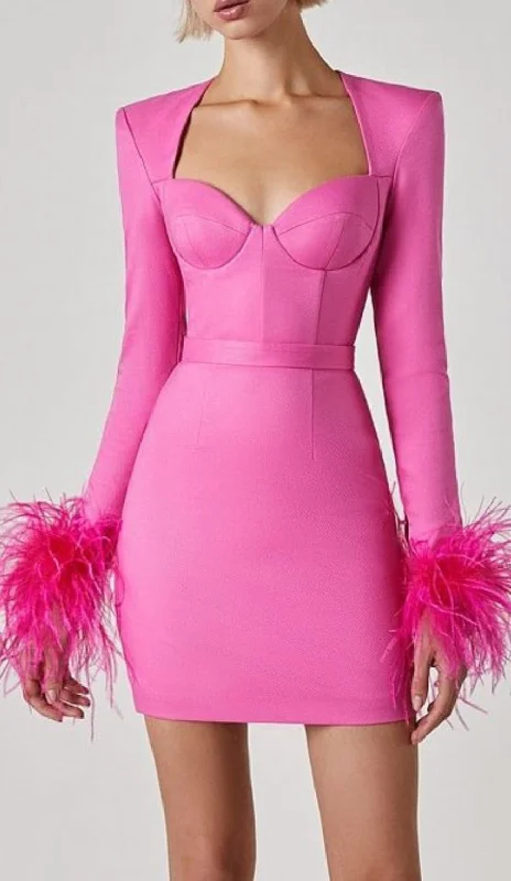 STRETCH LONG SLEEVES MINI DRESS IN HYPER PINK Trendy Tie-Dye Mini Dress