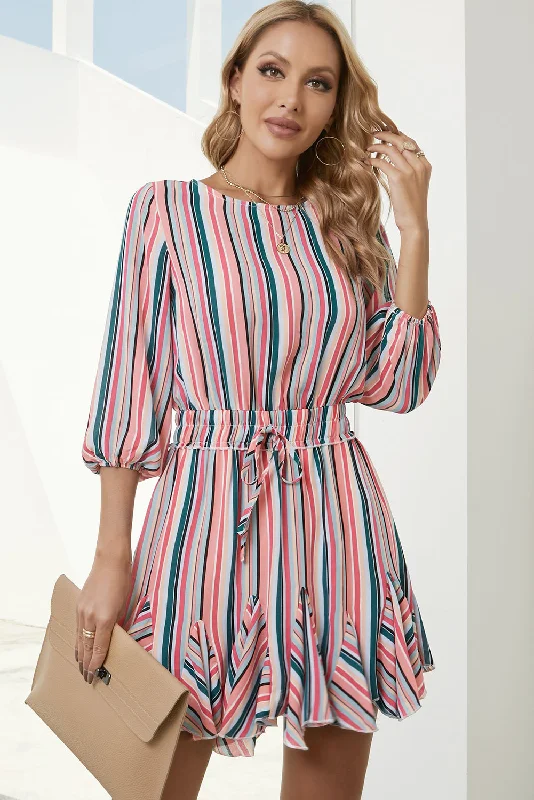 Striped Drawstring Waist Three-Quarter Sleeve Mini Dress Elegant Lace Mini Dress