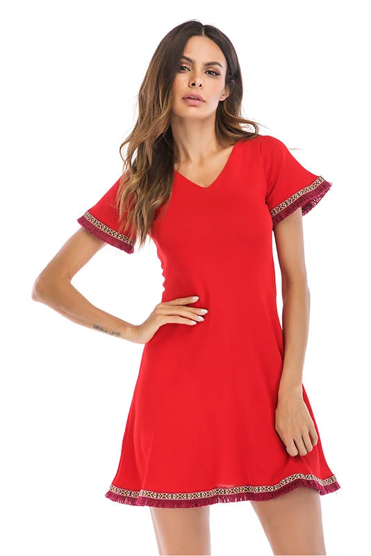 V Neck Tassel Hem Lace-up Back Mini Dress Trendy Tulle Mini Dress