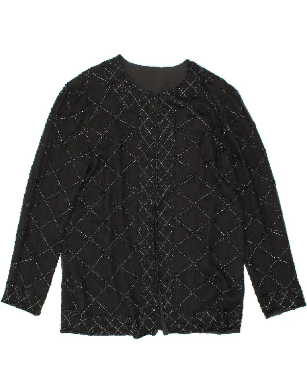 VINTAGE Womens Blazer Jacket UK 16 Large Black Silk Boat Neck Shawl Collar Notched Collar VINTAGE Womens Blazer Jacket UK 16 Large Black Silk Boat Neck Shawl Collar Notched Collar
