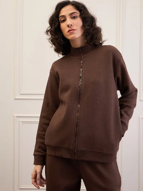 Women Dark Brown Fleece Zipper Jacket Print Jacket Jacquard Jacket Embroidered Jacket