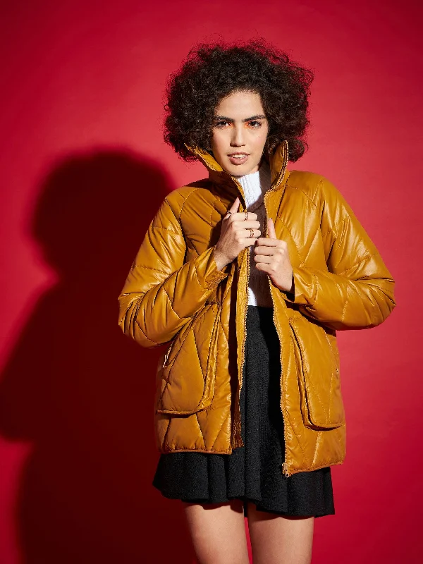 Women Mustard High Neck Diamond Quilt Puffer Jacket Anorak Shell Jacket Lightweight Jacket Women Mustard High Neck Diamond Quilt Puffer Jacket Anorak Shell Jacket Lightweight Jacket