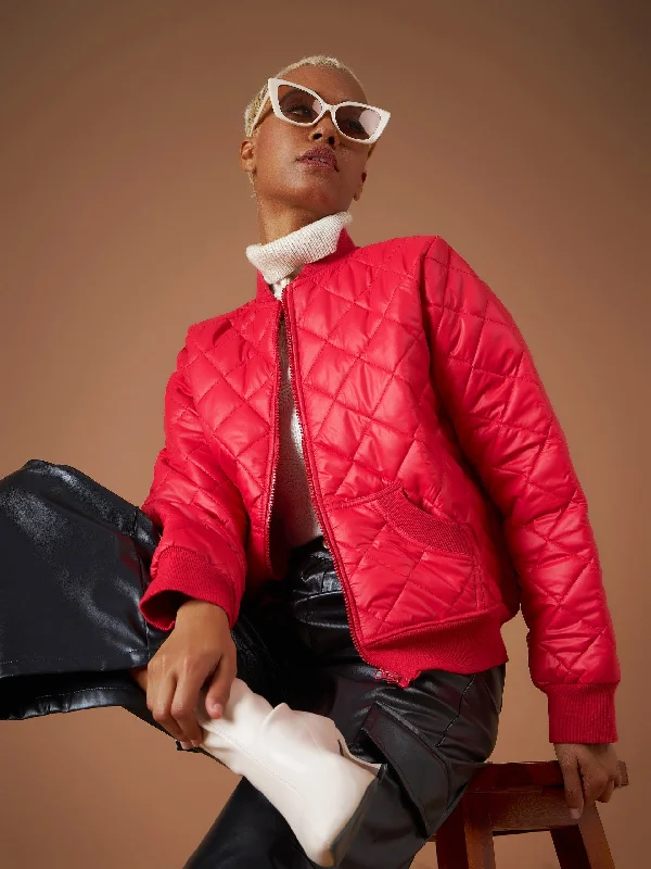 Women Red Diamond Quilted Bomber Jacket Tailored Jacket Straight Jacket A-Line Jacket Women Red Diamond Quilted Bomber Jacket Tailored Jacket Straight Jacket A-Line Jacket