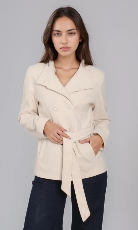 Women Stand Collar Jacket (Off White) Nylon Fabric Polyester Fabric Spandex Fabric