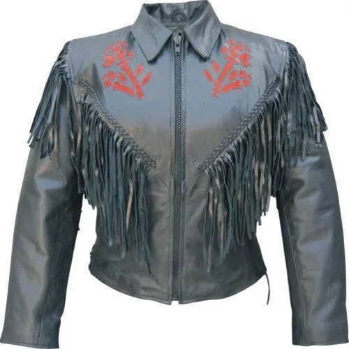 Women's Black Fringed Leather Motorcycle Jacket with Red Rose Oversized Jacket Tailored Jacket Straight Jacket Women's Black Fringed Leather Motorcycle Jacket with Red Rose Oversized Jacket Tailored Jacket Straight Jacket