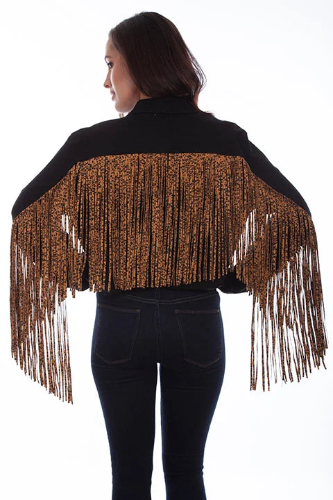 Women's Honey Creek Jacket Collection: Black Denim Leopard Print Fringe Satin Jacket Silk Jacket Chiffon Jacket Women's Honey Creek Jacket Collection: Black Denim Leopard Print Fringe Satin Jacket Silk Jacket Chiffon Jacket