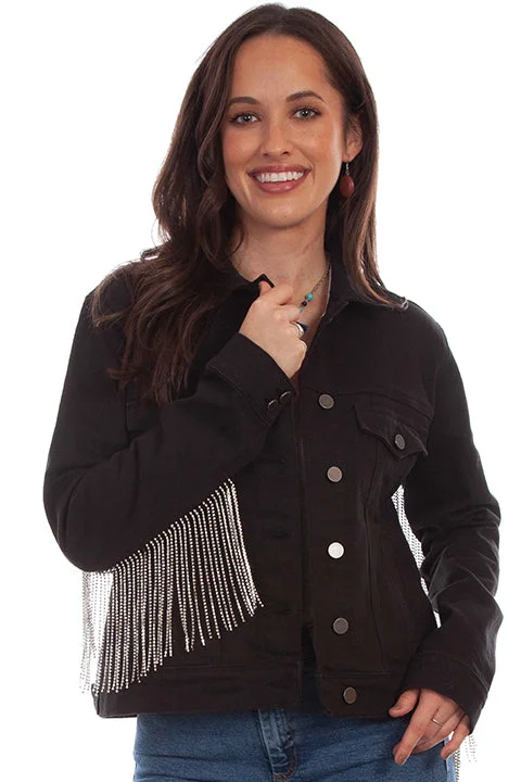 Women's Honey Creek Jacket Collection: Black Denim Rhinestone Fringe A-Line Jacket Boat Neck Shawl Collar Women's Honey Creek Jacket Collection: Black Denim Rhinestone Fringe A-Line Jacket Boat Neck Shawl Collar