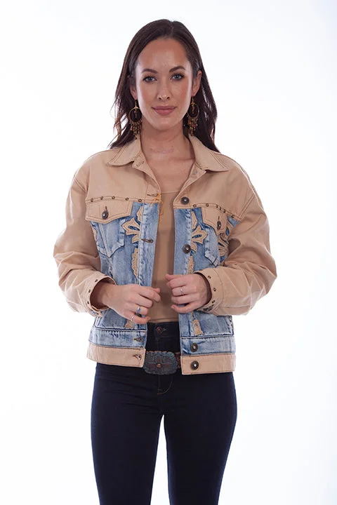 Women's Honey Creek Jacket Collection: Color Blocked Denim Tan A-Line Jacket Boat Neck Shawl Collar Women's Honey Creek Jacket Collection: Color Blocked Denim Tan A-Line Jacket Boat Neck Shawl Collar