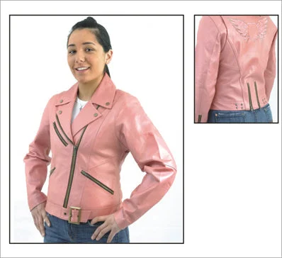 Womens Pink Leather Jacket Notch Collar Peter Pan Collar Cowl Neck