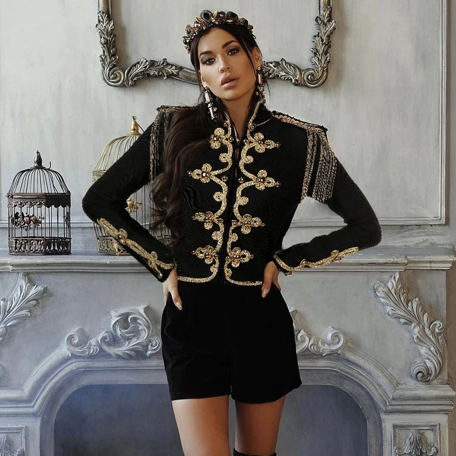 Vireous Women's Bandage Jacket, Contrast Decorative Embroidering Ribbed Jacket Pleated Jacket Ruffled Jacket Vireous Women's Bandage Jacket, Contrast Decorative Embroidering Ribbed Jacket Pleated Jacket Ruffled Jacket