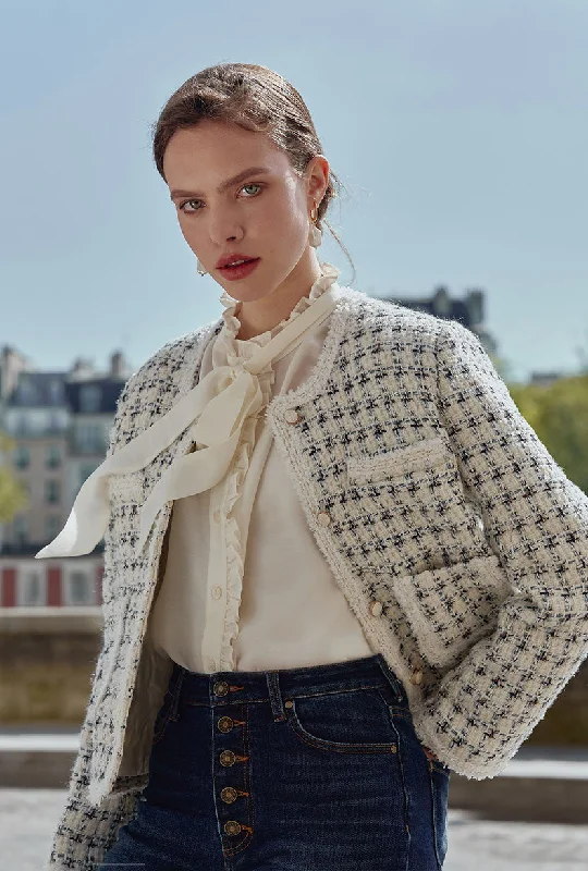 Jackie Wool Tweed Jacket - Ivory Satin Jacket Silk Jacket Chiffon Jacket