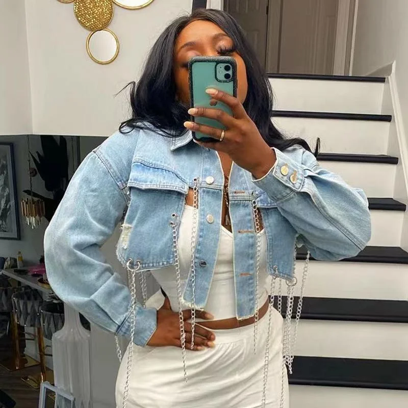 Wholesale short worn Denim Jacket Women(CL9412) Front Pockets Side Pockets Patch Pockets Wholesale short worn Denim Jacket Women(CL9412) Front Pockets Side Pockets Patch Pockets