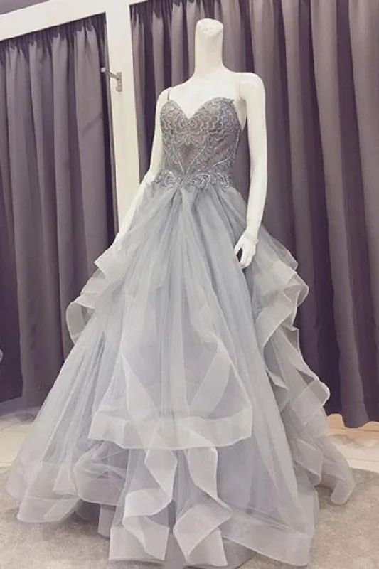 A Line Sweetheart Beads Organza Gray Lace Appliques Strapless Cheap Prom Dresses WK818