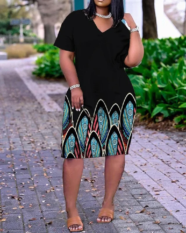 Bohemian print V-neck short-sleeved casual dress