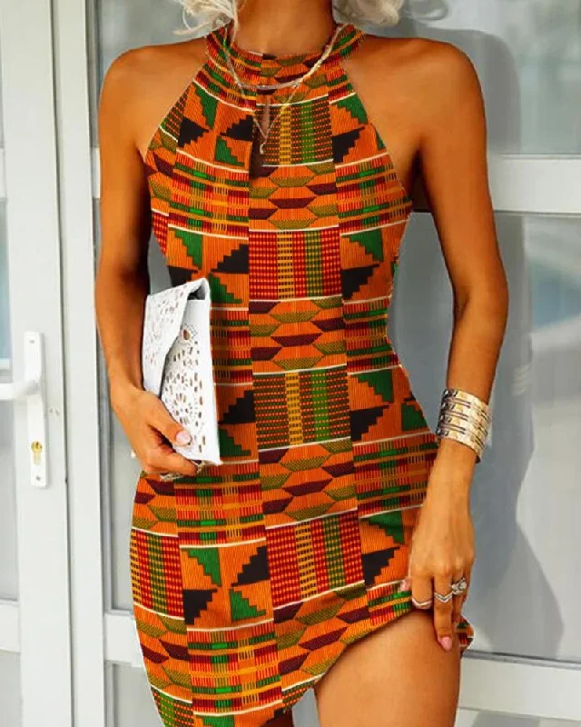 Contrast geometric print halterneck dress
