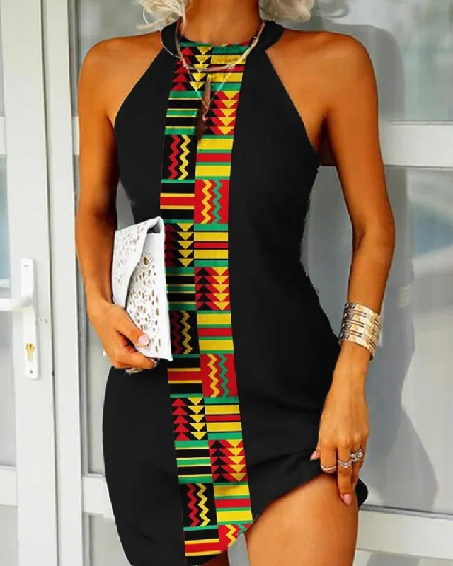 Contrast print halterneck dress