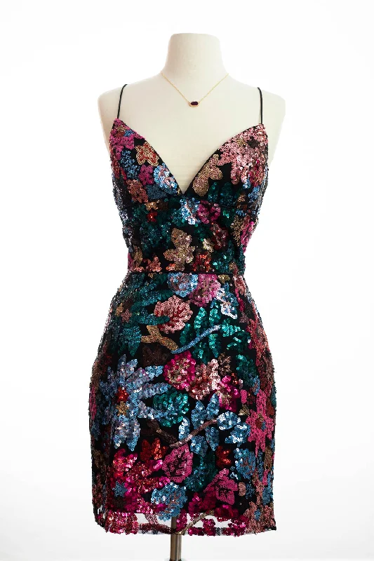 Multi Sequin Lace Up Cocktail Dress