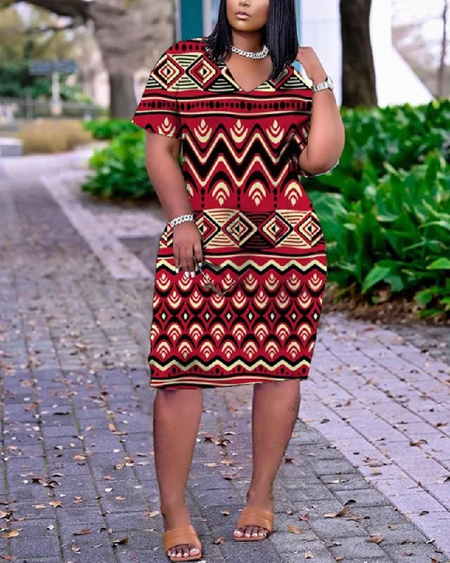 Ethnic print V-neck short-sleeved casual dress