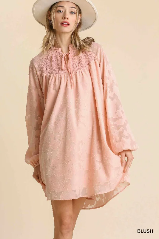 Jacquard Tie Neck Yoke Dress