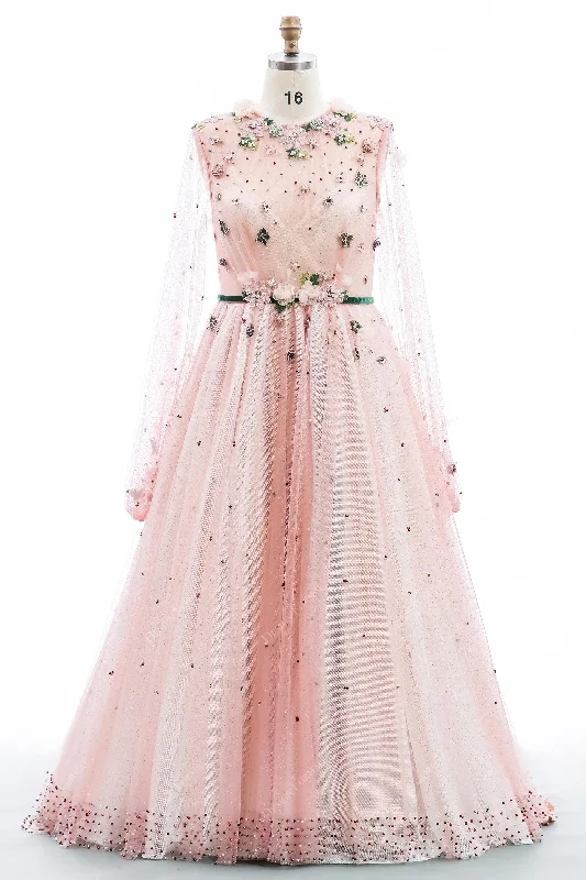 Plus Size Pink Sleeved Pearls Flowers A-line Fairy Dress