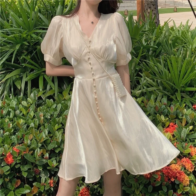Puff-Sleeve Buttoned A-Line Dress