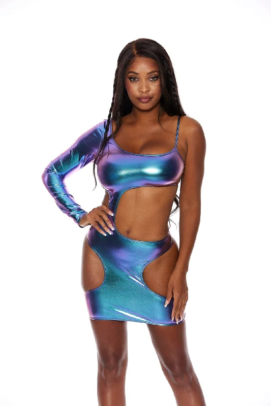 Shirley of Hollywood KOY by Bodyshotz Hologram Liquify Dress With Large Cut Outs. K6161