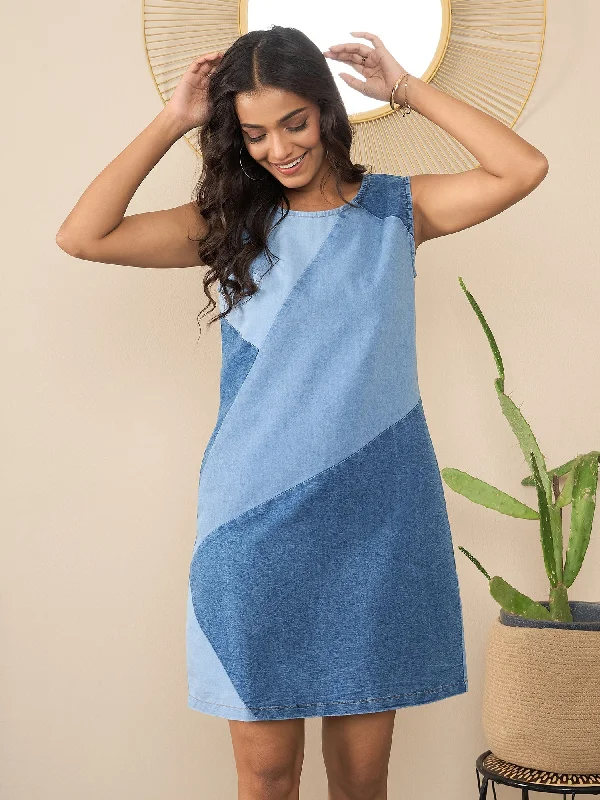 Blue Denim Dress With Patchwork Detail