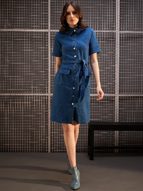 Blue Denim Lycra Dress With Front Buttons